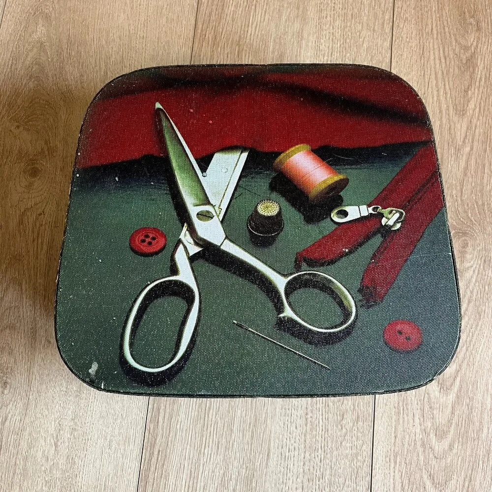 Sewing Kit Box Hard Case Top Handle Metal Latch Sewing Notions Print Exterior
